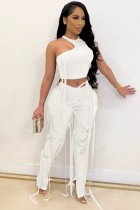 Summer White Leather Sexy Tassels Bodycon Crop Top and Pants Set