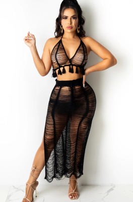 Summer Black Ripped Tassel Crop Top and Slit Long Skirt Knit Cover-Up 2PC Set