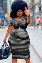 Summer Plus Size Black Stripes V-Neck Midi Dress