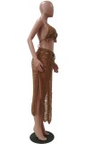 Summer Brown Ripped Tassel Crop Top and Slit Long Skirt Knit Cover-Up 2PC Set