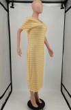 Summer Plus Size Yellow Stripes V-Neck Midi Dress