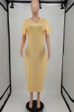 Summer Plus Size Yellow Stripes V-Neck Midi Dress