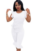 Summer White Ruffles Bodycon Rompers with Belt