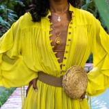 Summer Sexy Transparent Yellow Loose Jumpsuit with Full Sleeves