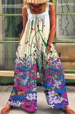 Summer Casual Floral Print Wide Strap Loose Jumpsuit