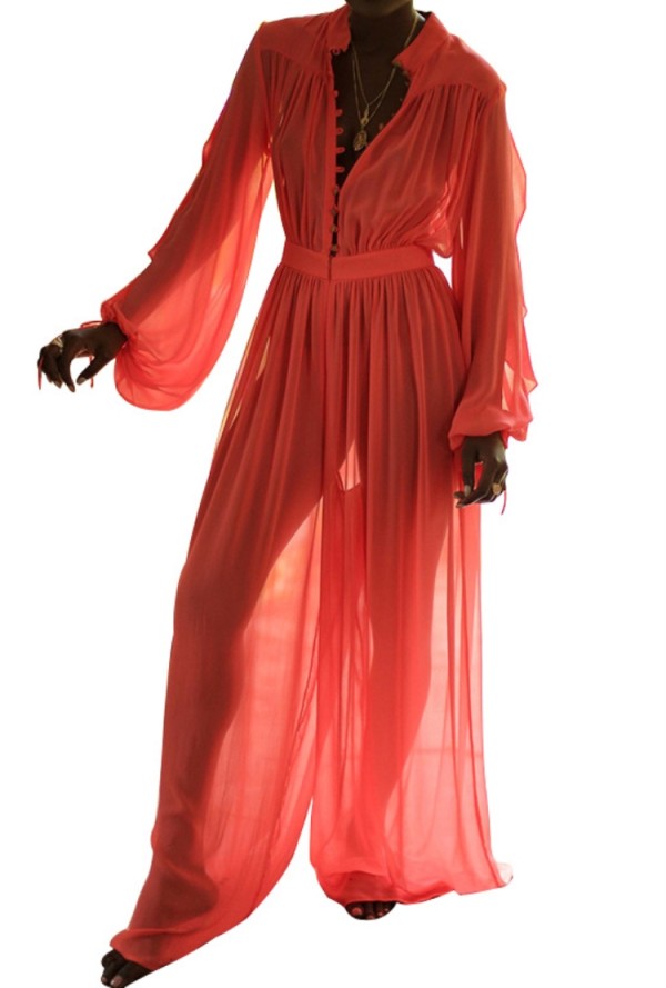 Summer Sexy Transparent Red Loose Jumpsuit with Full Sleeves
