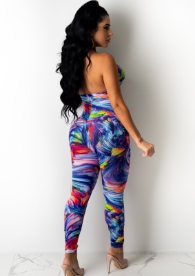 Summer Print Colorful Sexy Wrap Halter Bodycon Jumpsuit