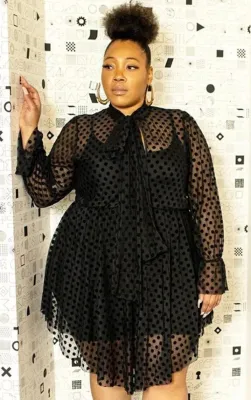Summer Plus Size Polka Mesh Irregular Dress with Full Sleeves