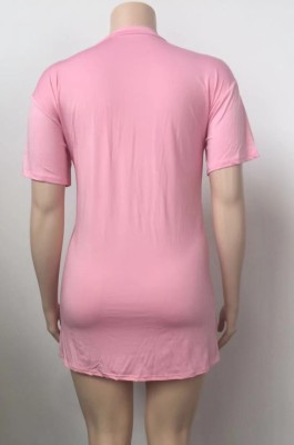 Summer Plus Size Print Pink O-Neck Shirt Dress