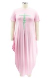 Summer Plus Size Casual Pink Print O-Neck Long Dress