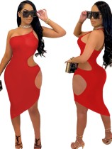 Summer Red Sexy Cut Out One Shoulder Midi Bodycon Dress