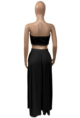 Summer Casual Black Strapless Crop Top and Long Skirt 2pc Set