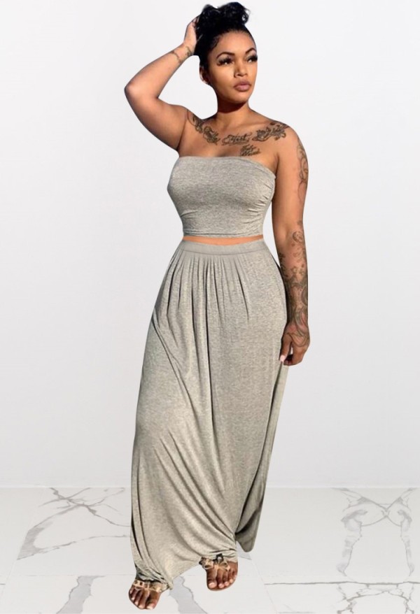 Summer Casual Grey Strapless Crop Top and Long Skirt 2pc Set