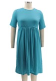 Summer Plus Size Casual Blue O-Neck Skater Dress