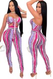 Summer Sexy Stripes Print Cut Out Knotted Strap Bodycon Jumpsuit