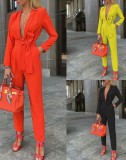 Spring Classy Red Deep-V Formal Long Sleeve Jumpsuit with Matching Belt