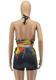 Summer Black Paints Print Twist Crop Top and Strings Shorts Set