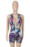 Summer Print Sleeveless Sexy Deep-V Bodycon Rompers