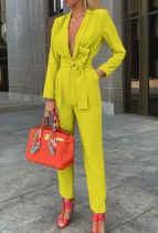 Spring Classy Green Deep-V Formal Long Sleeve Jumpsuit with Matching Belt