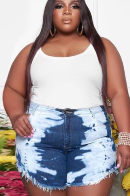 Summer Plus Size White and Blue High Waist Denim Shorts