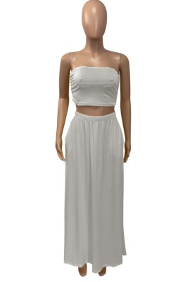 Summer Casual Grey Strapless Crop Top and Long Skirt 2pc Set
