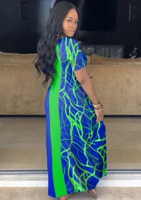 Summer Casual V-Neck Print Blue Long Dress