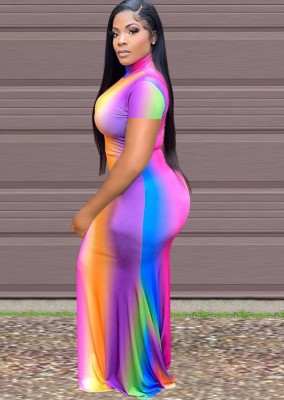 Summer Short Sleeves Rainbow Turtleneck Long Party Dress