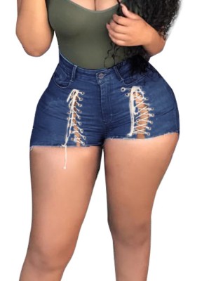 Summer Sexy Lace-Up Dark Blue High Waisted Denim Shorts