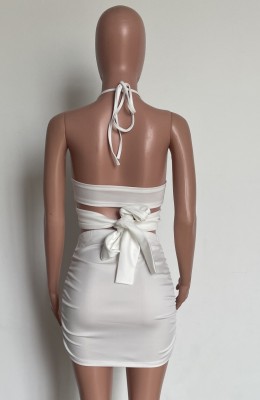 Summer Sexy White Wrap Halter Cro Top and Ruched Mini Skirt Set