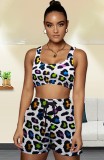 Summer Casual Print Leopard Bra and Sweatshorts 2pc Set