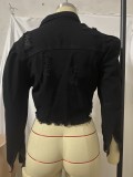 Casual Black Long Sleeve Ripped Short Denim Jacket
