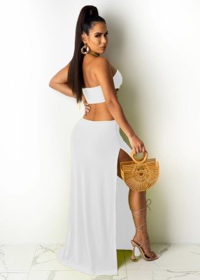 Summer Sexy White Cut Out Slit Halter Long Party Dress