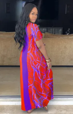 Summer Casual V-Neck Print Red Long Dress