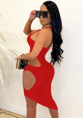 Summer Red Sexy Cut Out One Shoulder Midi Bodycon Dress