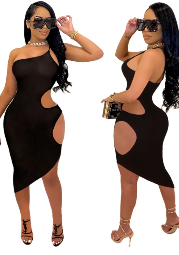 Summer Black Sexy Cut Out One Shoulder Midi Bodycon Dress