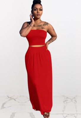 Summer Casual Red Strapless Crop Top and Long Skirt 2pc Set