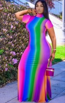 Summer Short Sleeves Rainbow Turtleneck Long Party Dress