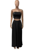 Summer Casual Black Strapless Crop Top and Long Skirt 2pc Set