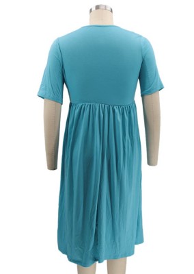 Summer Plus Size Casual Blue O-Neck Skater Dress