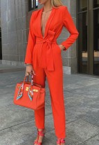 Spring Classy Red Deep-V Formal Long Sleeve Jumpsuit with Matching Belt