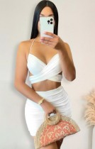 Summer Sexy White Wrap Halter Cro Top and Ruched Mini Skirt Set
