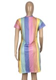 Summer Casual Rainbow V-Neck Shirt Dress
