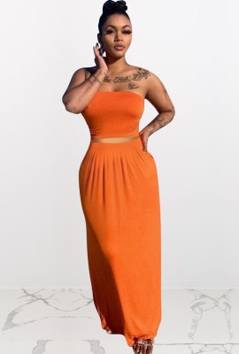 Summer Casual Orange Strapless Crop Top and Long Skirt 2pc Set
