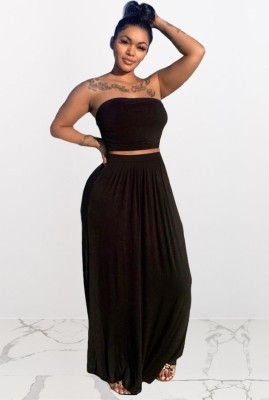 Summer Casual Black Strapless Crop Top and Long Skirt 2pc Set