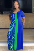 Summer Casual V-Neck Print Blue Long Dress