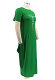 Summer Plus Size Casual Green Print O-Neck Long Dress