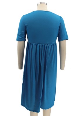 Summer Plus Size Casual Sky Blue O-Neck Skater Dress