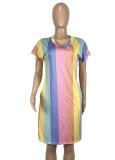 Summer Casual Rainbow V-Neck Shirt Dress