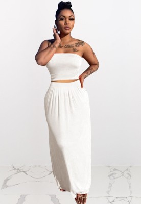 Summer Casual White Strapless Crop Top and Long Skirt 2pc Set