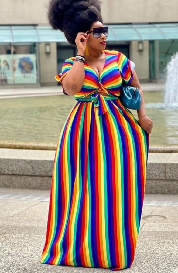 Summer Plus Size Rainbow Crop Top and Maxi Skirt Set